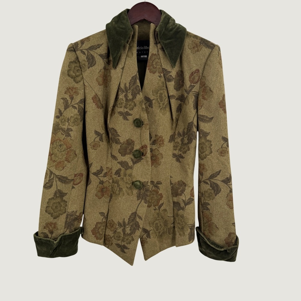 Vintage Patricia Rhodes Couture Floral Velvet Collar Jacket Size 6 80s 90s
